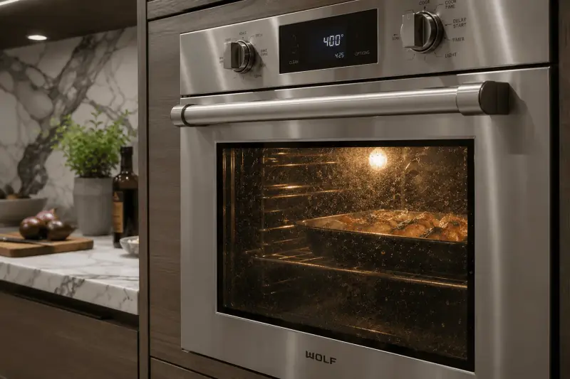 Wolf oven with food residue visible on the glass door