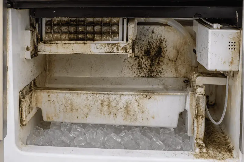 Dirty ice machine interior with visible mold, residue, and buildup before professional cleaning